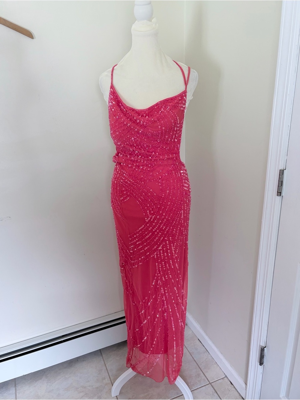 Vintage Caché Pink Sequin & Beaded Backless Mesh Evening Gown S